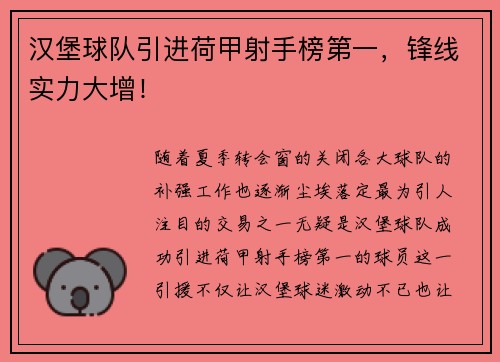 汉堡球队引进荷甲射手榜第一，锋线实力大增！
